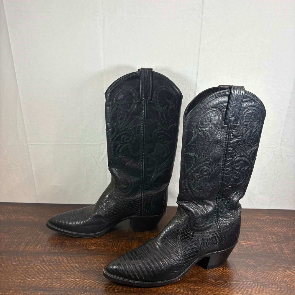 Dan Post Womens Black Teju Lizard Exotic Leather Cowboy Boots Size 7 M Vintage - Picture 3 of 10